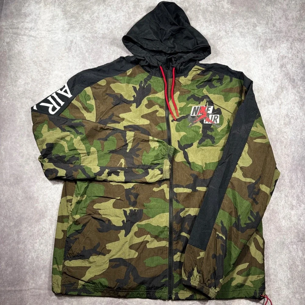 Jordan Air Mens Camo Windbreaker Jacket Green Black Full Zip Hooded Large
